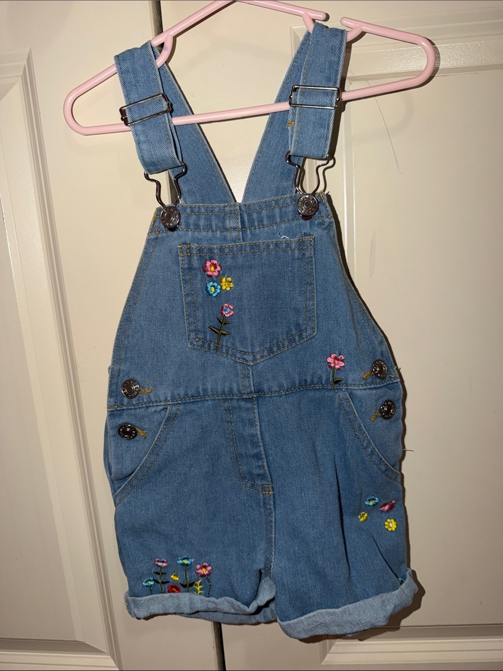 Blue Denim Floral Embroidered Short Overalls